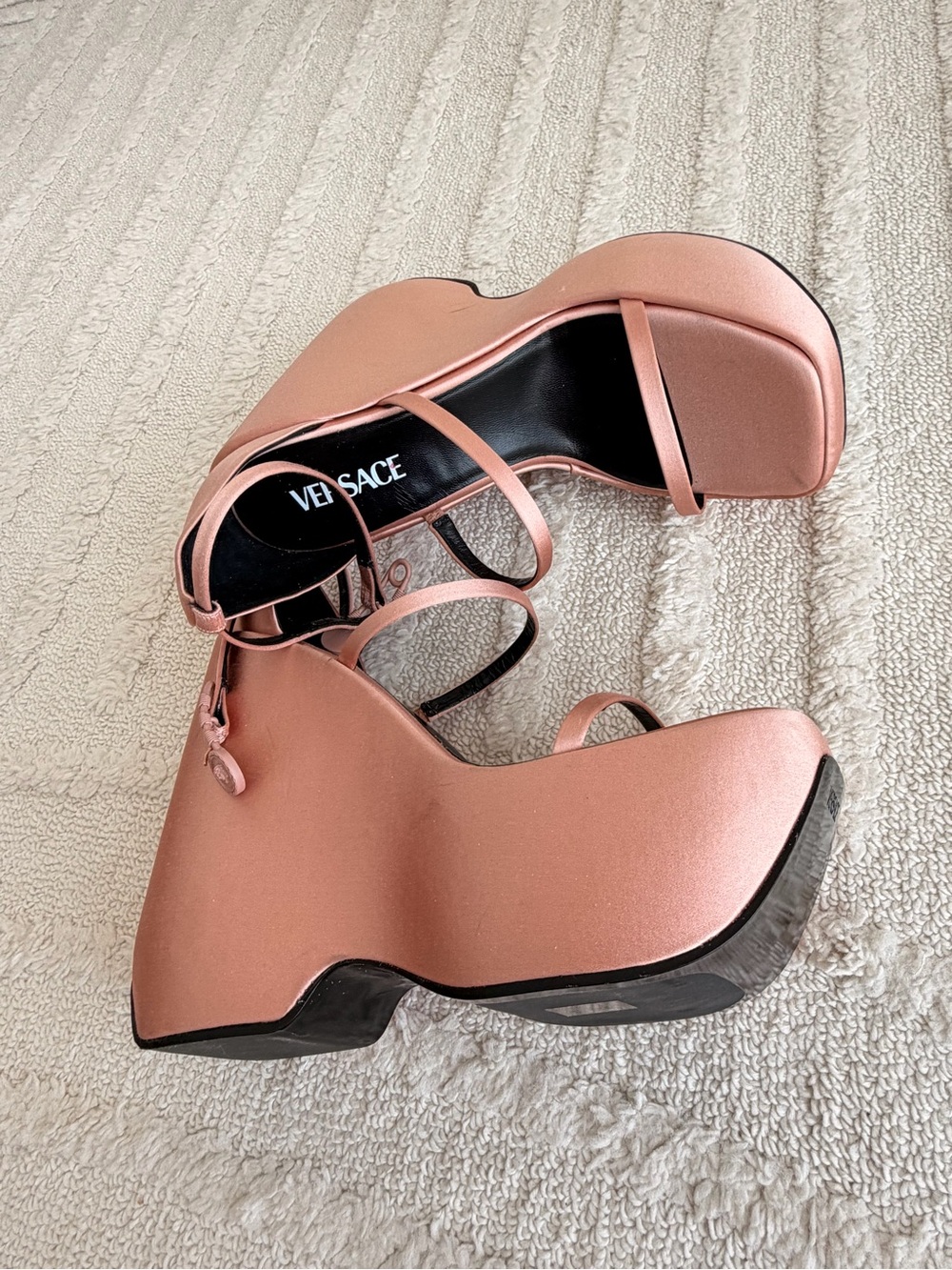 Versace Rose Gold Satin Platform Wedge Sandals / Size US 9.5/10 - Picture 2 of 8
